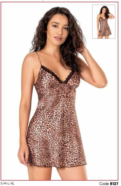 Primoda 8127 Saten Kısa Leopar Gecelik Leopar