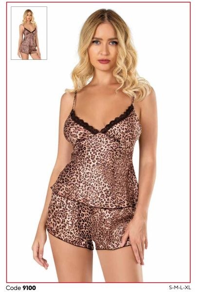 Primoda 9100 Saten Babydoll Şort Takım Leopar