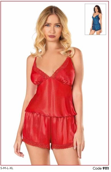 Primoda 9111 Saten Babydoll Şort Takım Kırmızı