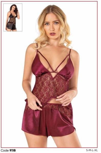 Primoda 9118 Saten Babydoll Şort Takım Bordo