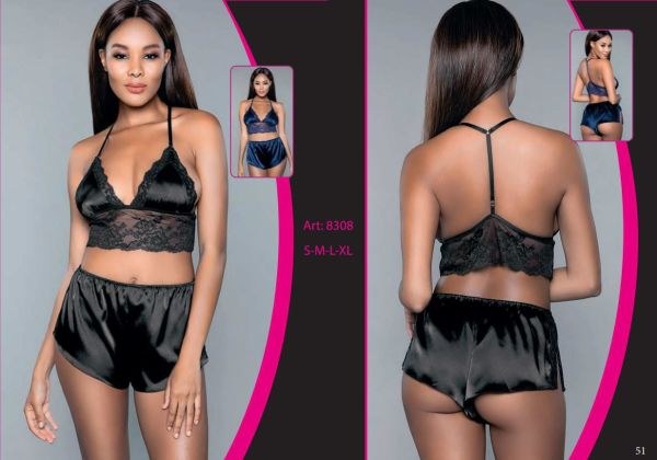 For Dreams 8308 Saten Bralet Sütyen Şort Takım Lacivert