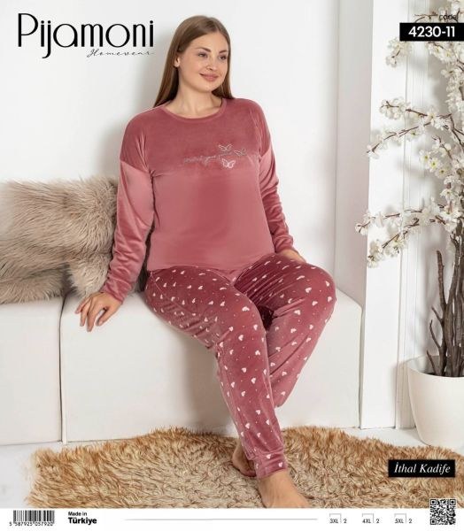 Pijamoni 4230-11 Fransız Battal Kadife Pijama Tk