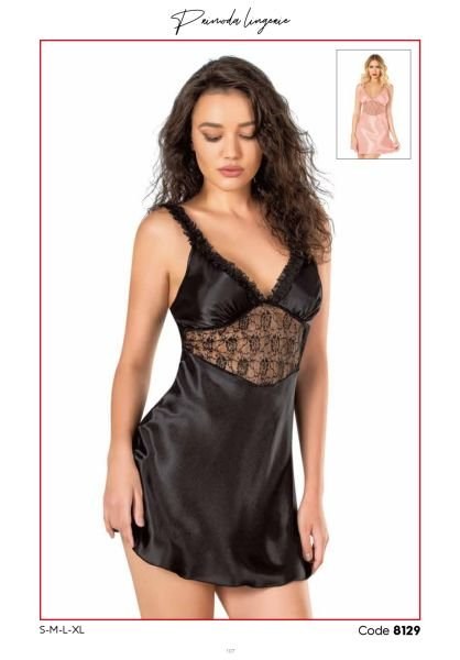 Primoda 8129 Saten Kısa Gecelik Siyah