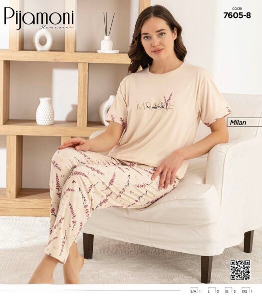 Pijamoni 7605-8 Bayan Kısa Kol Milan Pijama Takım
