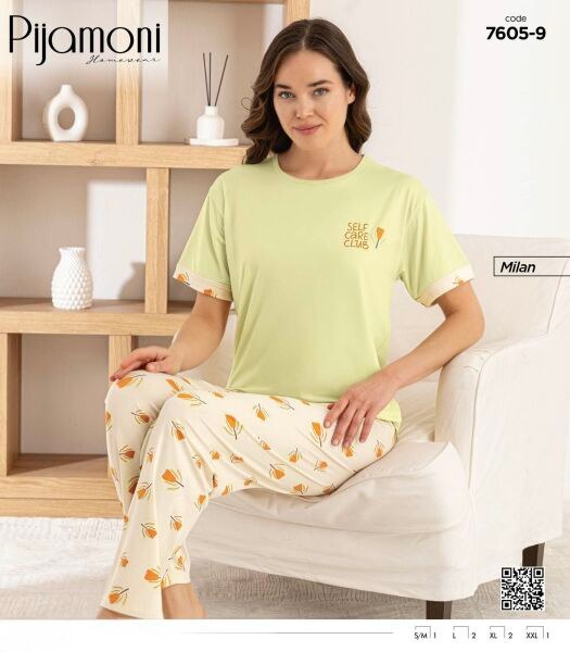 Pijamoni 7605-9 Bayan Kısa Kol Milan Pijama Takım