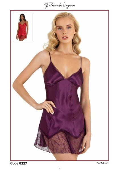 Primoda 8227 Saten Kısa Gecelik Mor