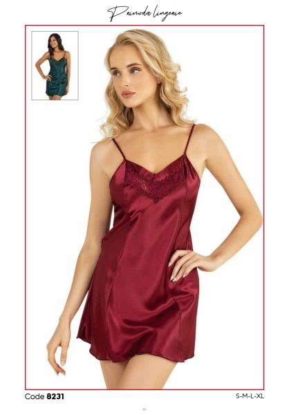 Primoda 8231 Saten Kısa Gecelik Bordo