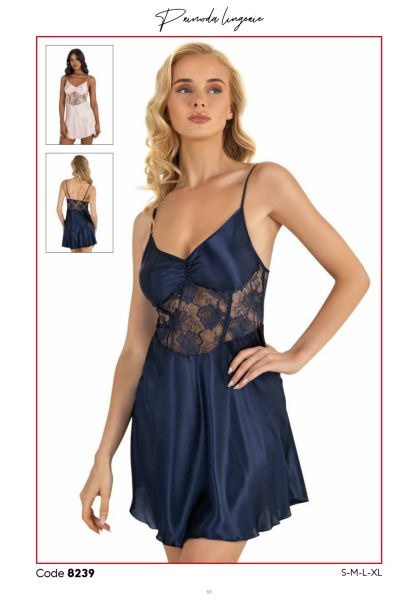 Primoda 8239 Saten Kısa Gecelik Lacivert