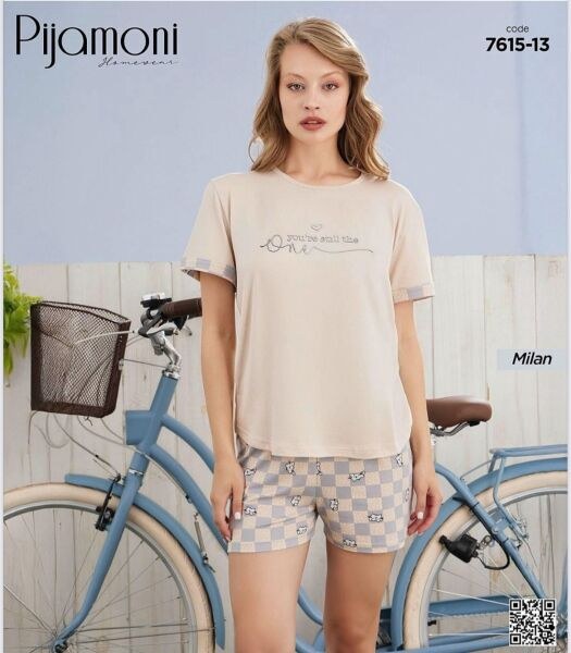 Pijamoni 7615-13 Bayan Milan Kısa Kol Şortlu Takım