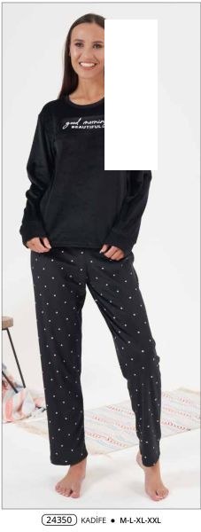 Estiva 24350 Bayan Kadife Desenli Pijama Takım Siyah
