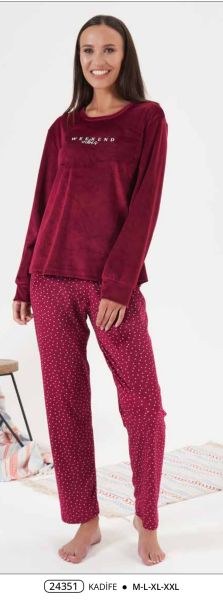 Estiva 24351 Bayan Kadife Desenli Pijama Takım Bordo