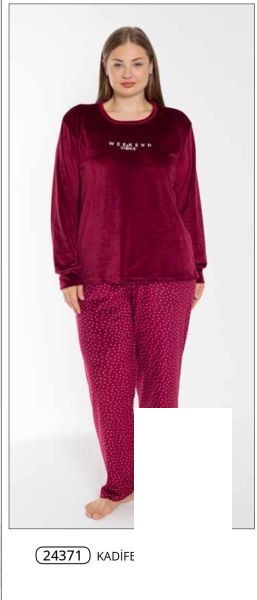 Estiva 24371 Bayan Kadife Battal Pijama Takım Bordo