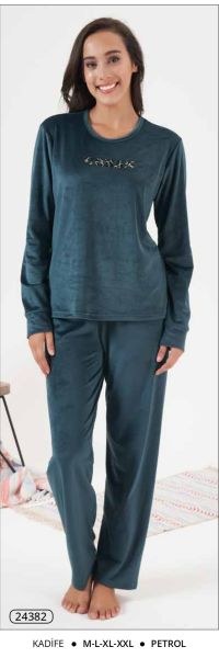 Estiva 24382 Bayan Kadife Düz Pijama Takım Gri
