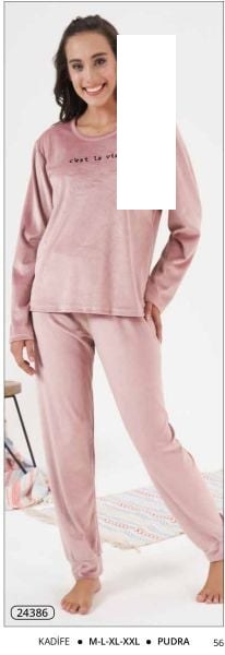 Estiva 24386 Bayan Kadife Düz Pijama Takım Pudra