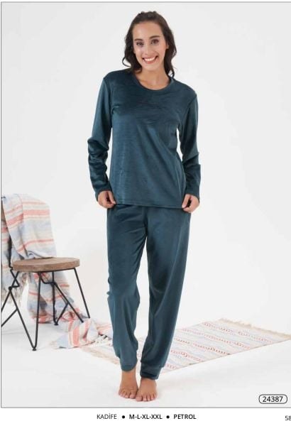 Estiva 24387 Bayan Kadife Düz Pijama Takım Lila