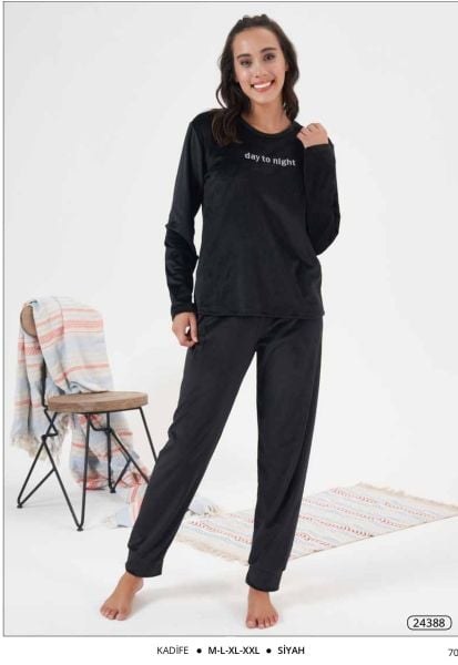 Estiva 24388 Bayan Kadife Düz Pijama Takım Siyah
