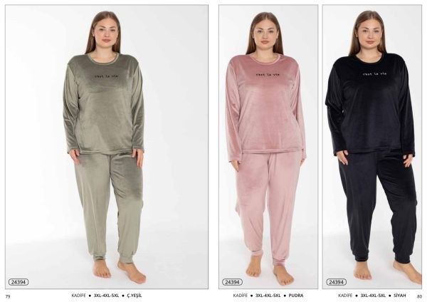 Estiva 24394 Bayan Kadife Düz Battal Pijama Takım Haki
