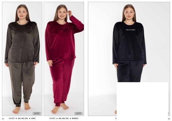 Estiva 24395 Bayan Kadife Düz Battal Pijama Takım Siyah