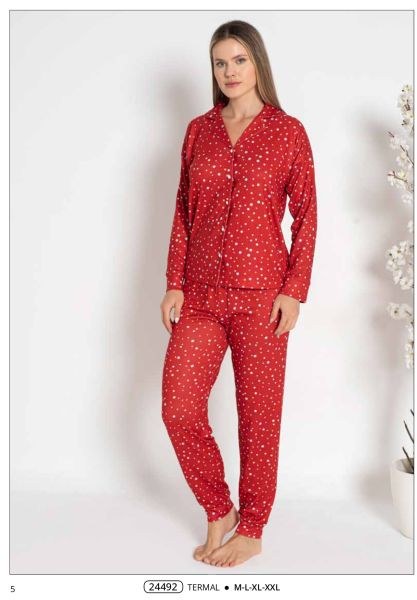 Estiva 24492 Bayan Termal Ön Düğmeli Pijama Takım Kırmızı