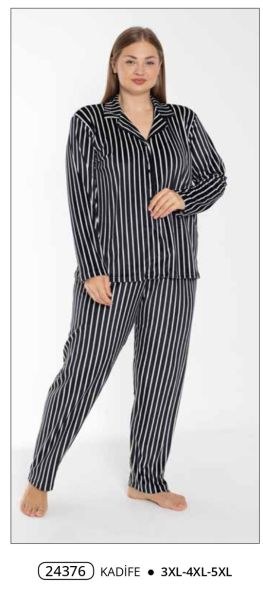 Estiva 24376 Bayan Kadife Battal Ön Düğ.Pijama Tk Siyah