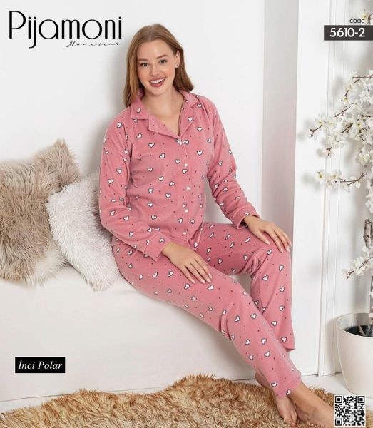Pijamoni 5610-2 Bayan İnci Polar Boy Düğmeli Takım