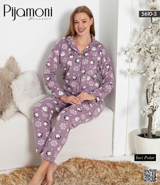 Pijamoni 5610-3 Bayan İnci Polar Boy Düğmeli Takım