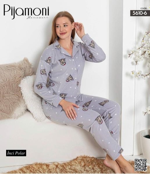 Pijamoni 5610-6 Bayan İnci Polar Boy Düğmeli Takım