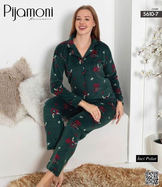 Pijamoni 5610-7 Bayan İnci Polar Boy Düğmeli Takım