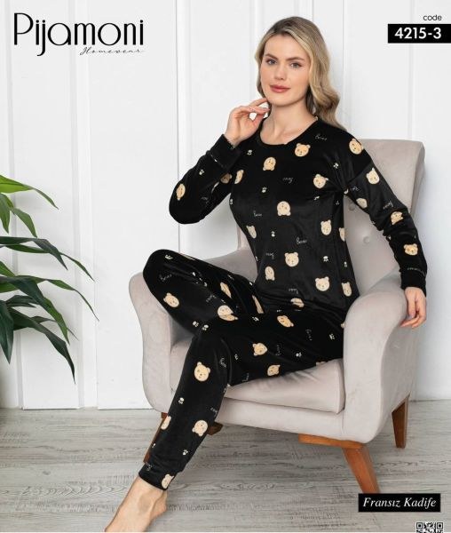 Pijamoni 4215-3 Baskılı Kadife Pijama Takım