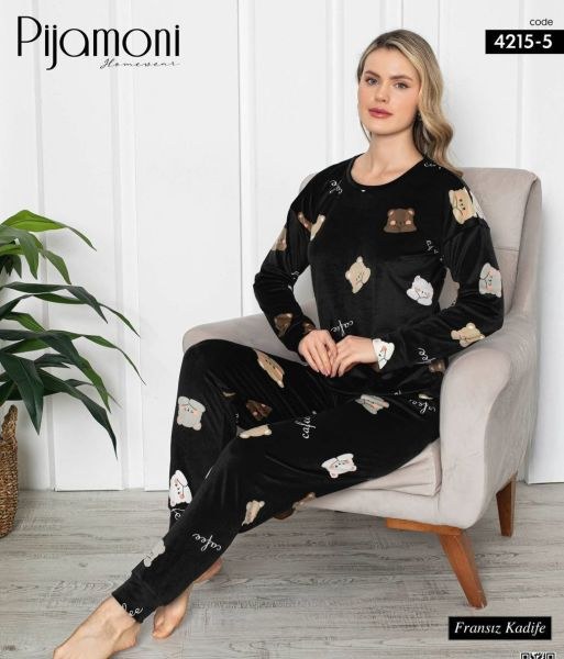 Pijamoni 4215-5 Baskılı Kadife Pijama Takım