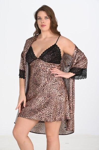 Ahu 6203 Saten Battal 2 Li Sabahlık Takım Leopar