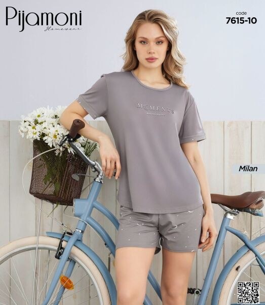 Pijamoni 7615-10 Bayan Milan Kısa Kol Şortlu Takım