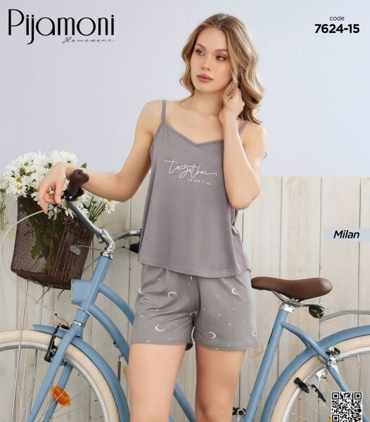 Pijamoni 7624-15 Bayan Milan İp Askılı Şortlu Tkım