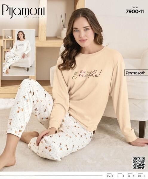 Pijamoni 7900-11 Bayan Termosoft Pijama Takım Bej