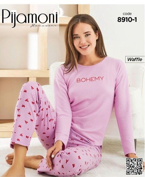 Pijamoni 8910-1 Bayan Waffle Pijama Takım