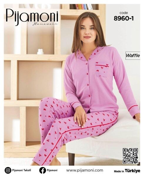 PİJAMONİ 8960-1 BAYAN WAFFLE PİJAMA TAKIM