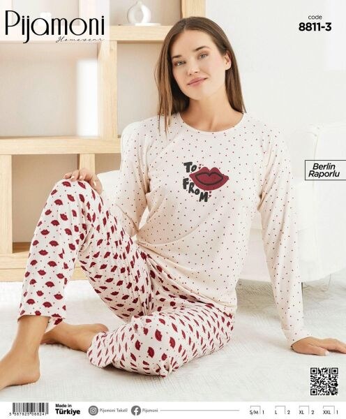 Pijamoni 8811-13 Bayan Berlin Raporlu Pijama Takım