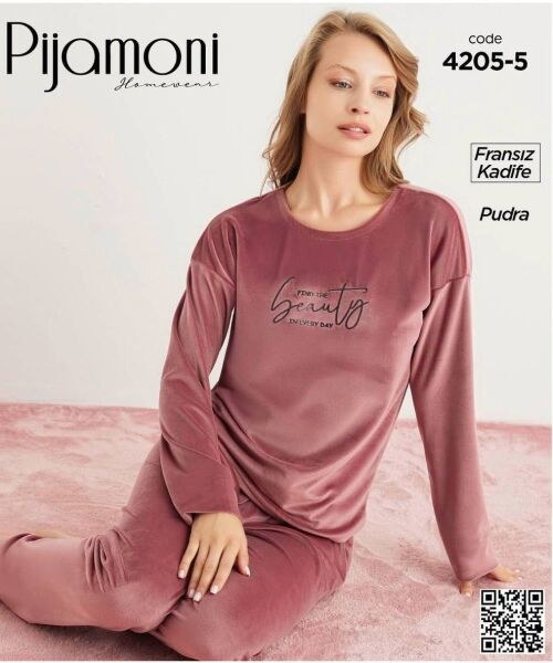 Pijamoni 4205-5 Fransız Kadife Pijama Takım