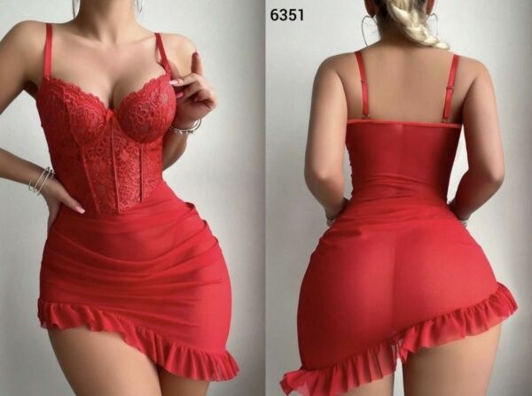 Beleng 6351 Fantazi Fırfırlı Gecelik Kırmızı