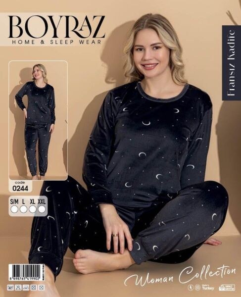 Boyraz 0244 Fransız Kadife Desenli Pijama Takım