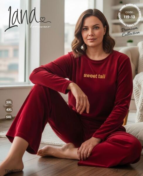 Lana 119-13 Kadife Bisiklet Yaka Battal Pijama Tk Siyah