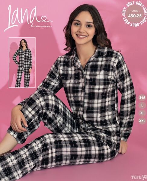 Lana 450-25 Bayan Süet Düğmeli Pijama Takımı