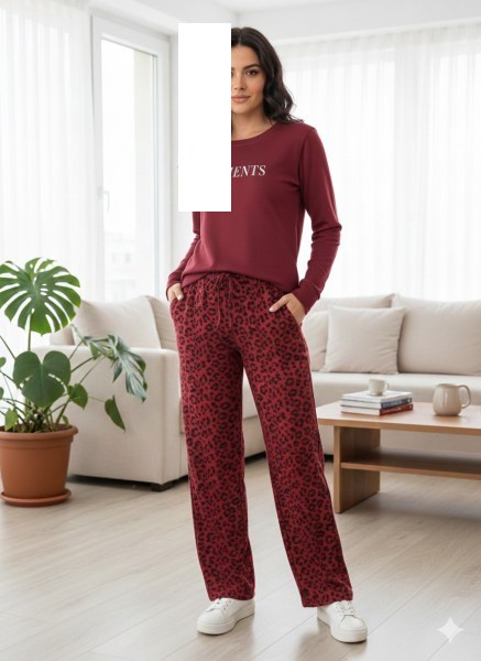Pijamoni 7900-13 Bayan Termosoft Pijama Takım Bordo Çiçekli