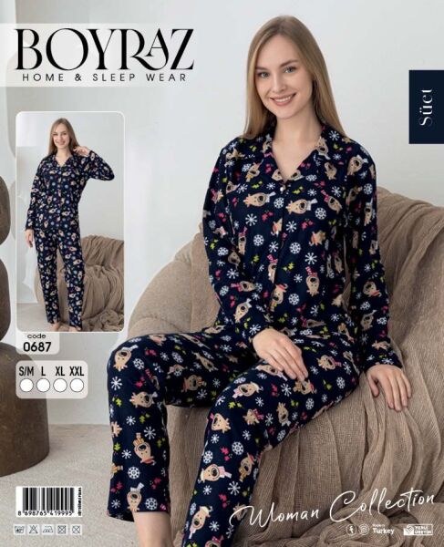 Boyraz 0687 Bayan Süet Düğmeli Pijama Takımı