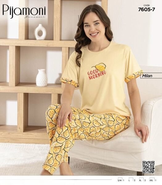 Pijamoni 7605-7Y Bayan Kısa Kol Milan Pijama Takım
