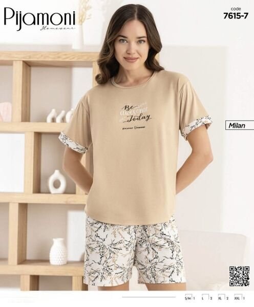 Pijamoni 7615-7 Bayan Milan Kısa Kol Şortlu Takım