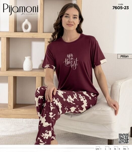 Pijamoni 7605-23 Bayan Kısa Kol Milan Pijama Takım