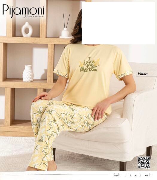 PİJAMONİ 7605-5 BAYAN KISA KOL MİLAN PİJAMA TAKIM