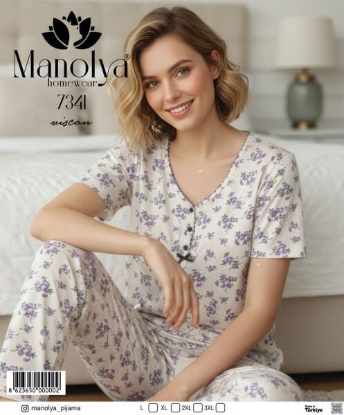 Manolya 7341 Bayan Viskon Gömlek Kısakol Pijama Tk Kahve