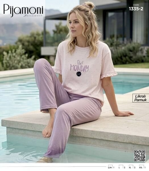Pijamoni 1335-2 Bayan Kısa Kol Pijama Takım